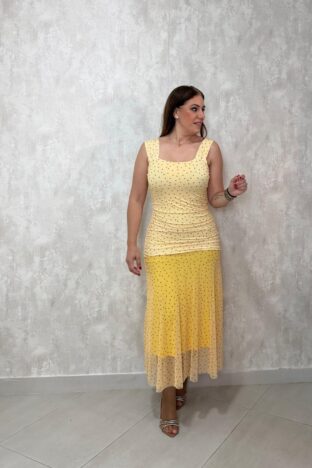 Vestido floral tul amarillo lunares