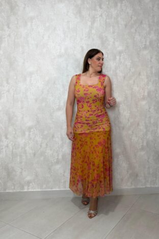 Vestido floral tul rosa fucsia