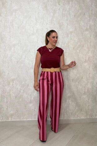 Pantalón rayas burdeos/rosa