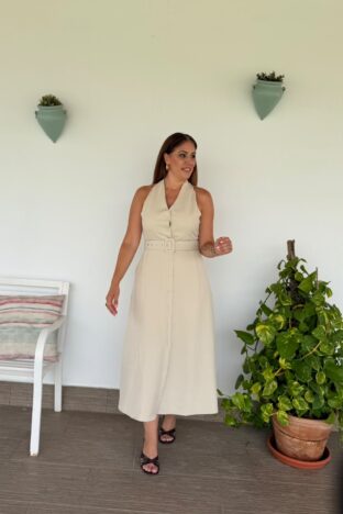 Vestido cinturón beige